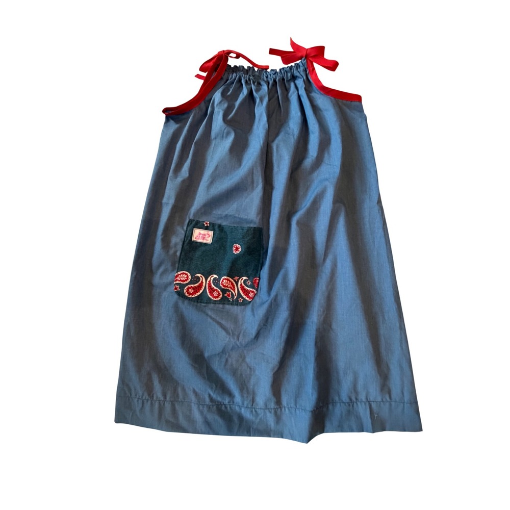 Blue Chambray Pillowcase Dress Red Ribbon Ties Paisley Bandana Pocket Sleeveless